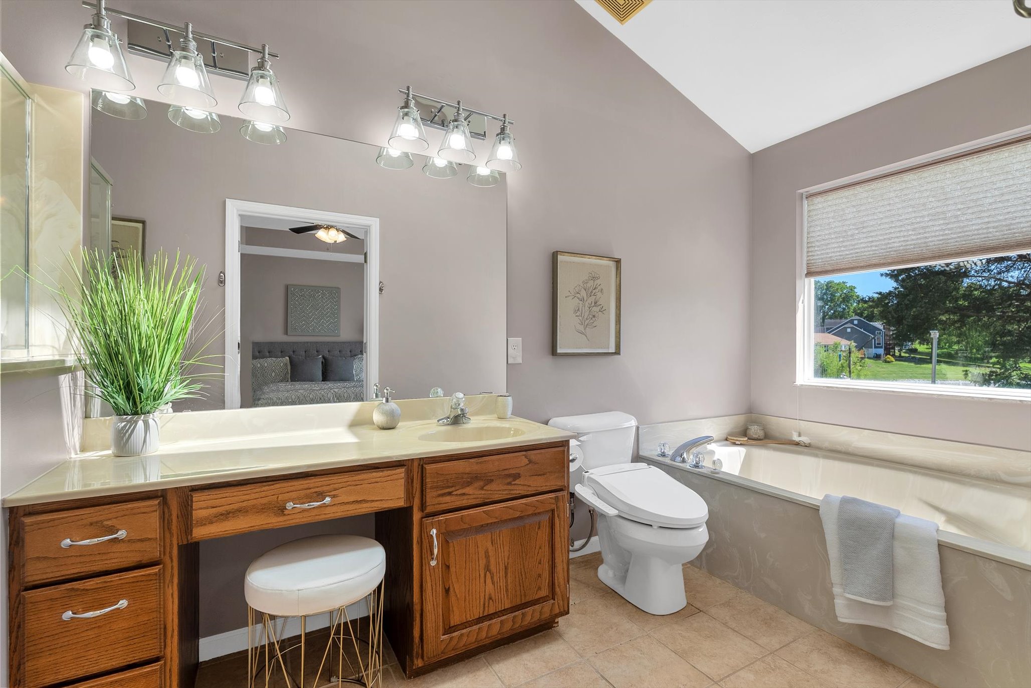 Primary bathroom with soaking tub and double vanity