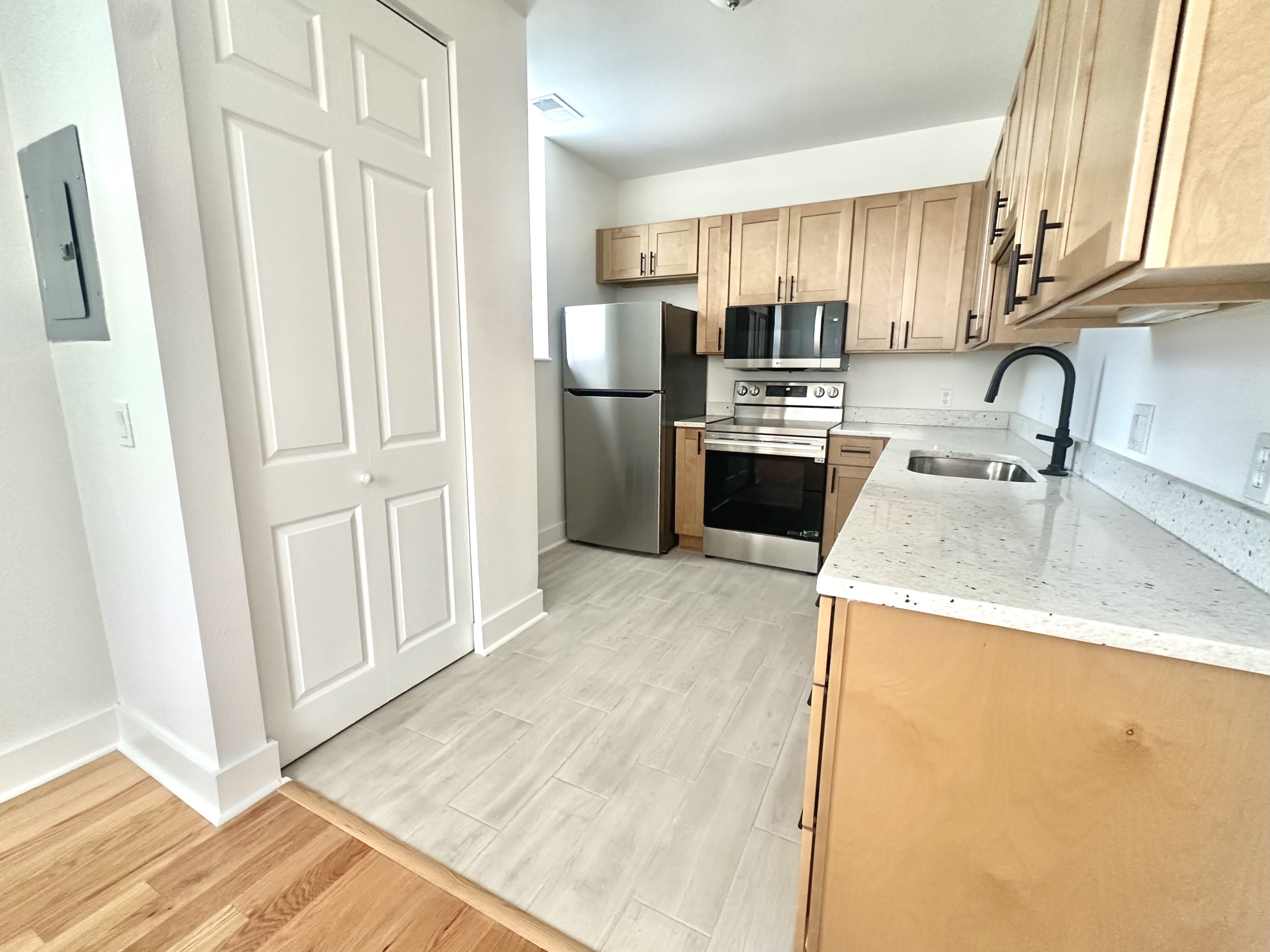 Kitchen viewed from the living-area entry